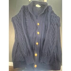 SAOL Ireland Navy Blue 100% Merino Wool Aran Cable Knit Shawl Cardigan XL